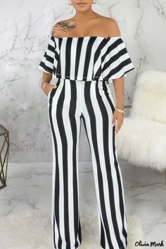 Olivia Mark - Black Striped Print Patchwork Womens Off-the-Shoulder Straight Jumpsuit Black Off-shoulder Jumpsuits And Rompers For Spring, Casual Black Off-shoulder Jumpsuit, Casual Black Off-shoulder Jumpsuit/romper, Half Sleeve Jumpsuit, Burgundy Fashion, Jumpsuit Casual, Jumpsuits And Romper, Casual Jumpsuit, Casual Stripes