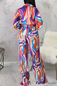 Lasaky - Stylish Multicolor Patchwork Long Sleeve Two-Piece Set with Sexy Print and Folded Turn-down Collar Long Sleeve Suit, Blazer And Skirt Set, Two Piece Pants Set, Outfit Inspiration Fall, Turndown Collar, Outfits Women, Casual Sets, Two Piece Outfit, Wholesale Fashion