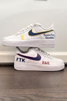 Custom sneakers designed for PSU THON, featuring the iconic yellow ribbon, bold FTK lettering, and 'Treasure Every Adventure' details. Perfect for showing support and spreading awareness. Click to create your own THON-inspired pair! #CustomSneakers #PSUTHON #ForTheKids #FTK