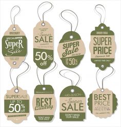 sale tags with different prices and discounts for the same item in green, beige and white