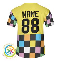 Get ready to knock it out of the park in our Funky Checkered Unisex Baseball Jersey! Bold, bright, and oh so funky, this jersey will elevate your team's style and guarantee a win. A must-have for any team looking to stand out and have fun on the field. We create funky & fun! Personalized with your Team's name, player's number and name! 100% Polyester material for men's baseball shirts Available sizes: S-4XL suitable for unisex wear Lightweight and soft fabric with short sleeves 5 Buttons closure Sporty Team-colored Baseball Jersey With Team Name, Sporty Multicolor T-shirt With Team Name, Graphic Print Jersey For Football Game Day, Sporty Multicolor Color Block T-shirt, Sporty Multicolor Jersey, Team-colored Baseball Jersey With Graphic Print For Game Day, Collegiate Team-colored Baseball Jersey With Graphic Print, Team-colored Graphic Print Baseball Jersey For Game Day, Multicolor Short Sleeve Sports Jersey