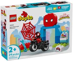 lego duplo set with spider man and motorcycle in the box, complete with instructions