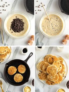 four pictures showing different stages of making pancakes with chocolate chips and eggs in the pan