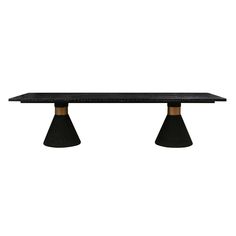 a black table with two wooden pedestals on each side and an oval base at the top