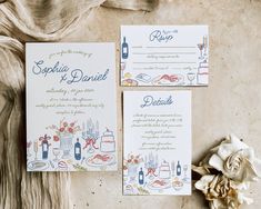 the wedding stationery is laid out on the table