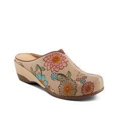 L'Artiste by Spring Step-Chienti Wedge Clog The L'Artiste Chienti wedge clog is the epitome of chic elegance. Beautiful hand-painted flowers and perforations lend an artistic flair while open back design offers ultimate comfort and breathability. Chunky wedge heel notches up its style. Spring Leather Wedge Heel Clogs, Brown Slip-on Clogs For Spring, Beige Wedge Heel Clogs For Spring, Leather Wedge Heel Clogs For Spring, Beige Spring Clogs With Removable Insole, Comfortable Beige Clogs For Spring, Spring Cushioned Wedge Heel Clogs, Spring Wedge Heel Clogs With Cushioned Footbed, Beige Leather Wedge Heel Clogs