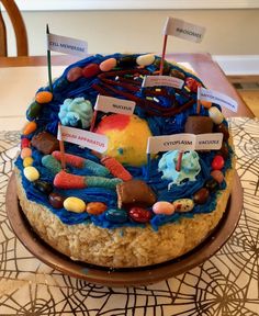 a cake decorated with different types of candies on top of a wooden platter