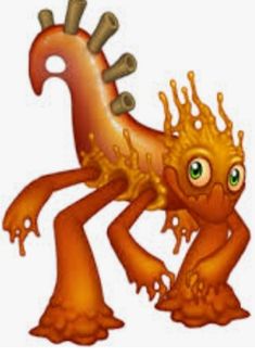 an orange creature with green eyes and yellow hair on it's head, standing in front of a white background