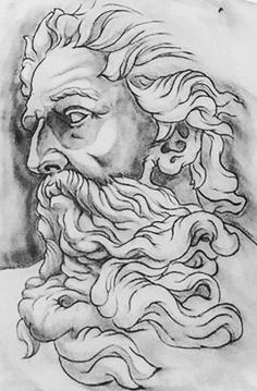 a black and white drawing of a bearded man's head with wavy hair, beards and mustaches