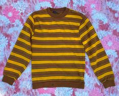 "This listing is for a vintage 1970s Sears Student Label yellow, brown and black striped pullover sweatshirt. This sweatshirt is so cool and is in good vintage condition! Sweatshirt is so soft and has great stripes. Sweatshirt does have some lived in condition issues including some areas of discoloration (please see photos). Label reads Sears Student size large chest 32\"-33\" Orlon acrylic. Please check measurements for accuracy. Measurements: (please double where appropriate) chest 15 1/2\" wa Vintage College Sweatshirts, Custom Sweaters, Prairie Skirt, Striped Pullover, University Sweatshirts, Vintage Flare, Yellow Hoodie, Yellow Sweatshirt, Greensboro Nc