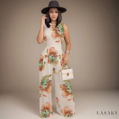 Lasaky - Chic Printed Sleeveless Jumpsuit with Wide Leg Pants Casual Sleeveless Floral Print Jumpsuits And Rompers, Floral Print Sleeveless Jumpsuits And Rompers For Day Out, Chic Wide Leg Jumpsuits And Rompers With Floral Print, Casual Floral Print Strapless Jumpsuit For Spring, Casual Strapless Jumpsuit With Floral Print For Spring, Casual Strapless Floral Jumpsuit For Spring, Casual Fitted Strapless Jumpsuit With Floral Print, Spring Floral Print Strapless Sleeveless Jumpsuit, Floral Print Strapless Jumpsuit For Vacation