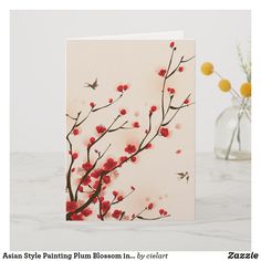 Asian Style Painting Plum Blossom in Spring Card Dot Art Drawing, Cherry Blossom Watercolor, Asian Cards, Digital Journaling, Ink Wash Painting, Cherry Blossom Wedding, Paintings Tutorials, Chinese Brush Painting, Chinese Brush