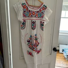 Beautiful Hand Made Puebla Dress, Purchased In Isla Mujeres. Never Worn. White Folk Style Summer Dress, White Sleeveless Folk Dress, White Bohemian Short Sleeve Dresses, White Folk Style Dresses, Folk Style White Dress With Floral Embroidery, White Folk Dress With Floral Embroidery, Puebla Dress, Preppy Women, Sleeveless Denim Dress