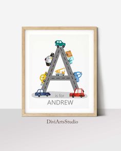 a is for andreww print with cars on the road in front of it