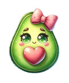 an avocado with a pink bow on it's head and green eyes