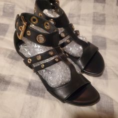 Cole Haan Black Leather Gold Rivets Sz 7 B Nwot Black Synthetic T-strap Sandals With Buckle Closure, Black Adjustable Low Heel Sandals, Adjustable Black Low Heel Sandals, Boat Shoes Women's, Cole Haan Loafers, Pointy Flats, Buckle Loafers, Leather Boat Shoes, White Shoes Sneakers