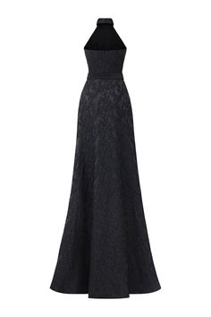 This dress is the epitome of sophistication and elegance. The luxurious jacquard, silk fabric hugs your figure and the halter neckline enhances your natural grace. Perfect for formal events, this dress will make you feel like a work of art. Evening Halter Dress With Fitted Bodice, Formal Evening Dress With Fitted Bodice And Halter Neck, Elegant Sleeveless Gown For Gala, Formal Halter Neck Evening Dress With Fitted Bodice, Elegant Halter Dress For Prom Season Evening, Formal Halter Neck Evening Dress For Prom, Luxury Halter Neck Evening Dress For Formal Occasions, Elegant Halter Evening Dress For Prom, Formal Evening Dress With Sweep Train And Halter Neck