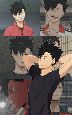 four different anime characters with black hair and red shirts, one has his hand on his head