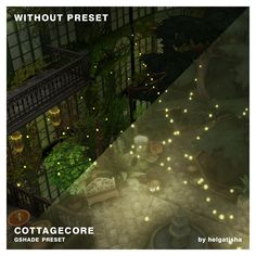 a screenshot of a room with lights and plants on the walls, along with text that reads without preset cottage core ghadde preset