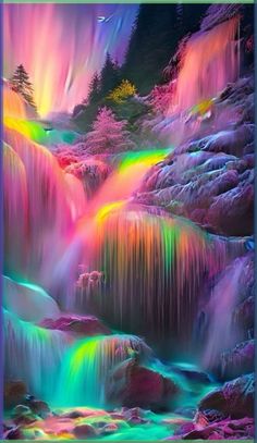 a waterfall with rainbow colored water and trees in the background is lit up by colorful lights