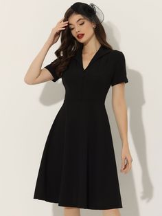 Shop Allegra K for vintage flat collar solid color short sleeve fit and flare midi dress you are looking for, get more women's dresses for yourelf. Order now! Free Returns! Black Fit And Flare Midi Dress With Short Sleeves, Retro Fit And Flare Knee-length Dress, Flattering Fit And Flare Knee-length Mini Dress, Knee-length Fit And Flare Midi Dress With Pleated Hem, Black Mid-length Fit And Flare Dress, Fit And Flare Midi Dress, Flare Midi Dress, Vintage Flats, Midi Dress Black