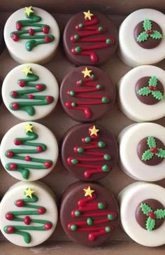 twelve decorated christmas cupcakes in a box