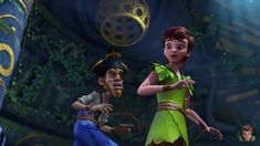 two animated characters are standing in front of a blue background with gold and green accents