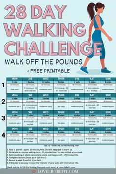 Illustration showing a 28 day walking challenge for body fat loss 28 Day Walking Challenge, 10 Week No Gym Workout, Health Benefits Of Walking, Gym For Beginners, Work Out Routines Gym