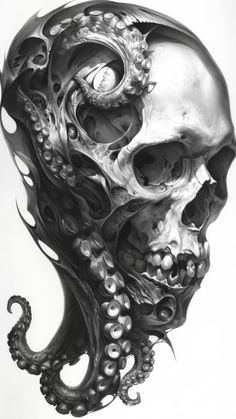 a skull with an octopus like head and tentacles on it's face, in black and white