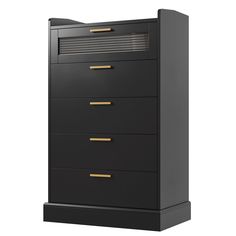 a black dresser with gold handles and drawers