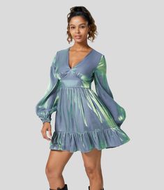 Formal Mini Dress With V-neck And Gathered Sleeves, Sheer Flowy V-neck Mini Dress, Flowy V-neck Viscose Mini Dress, Flowy V-neck Mini Dress With Gathered Sleeves, Blue V-neck Mini Dress With Button Closure, Bishop Sleeve, Basic Long Sleeve, Mini Dress Casual, Invisible Zipper