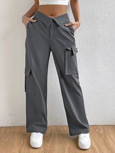 Make a fashion statement with these Flipped Waist Pocket Patched Cargo Pants. Designed for a casual yet stylish look, they feature a regular fit and a long length, making them ideal for everyday wear. The woven fabric offers a non-stretch feel, while the plain pattern ensures easy pairing with any top. With multiple pockets, these cargo pants provide both style and functionality. Detail: Style: Casual Pattern Type: Plain Type: Cargo Pants Length: Long Fit Type: Regular Fit Fabric: Non-Stretch Ma Trendy Cargo Style Wide Leg Workwear Pants, Trendy Wide Leg Work Pants With Cargo Pockets, Trendy Wide Leg Cargo Pants For Work, Chic Cargo Pants For Streetwear, Chic Streetwear Pants With Side Pockets, Chic Streetwear Bottoms With Pockets, Trendy Workwear Cargo Pants With Loosely Fitted Hips, Gray Fall Cargo Pants, Chic Baggy Cargo Pants With Pockets