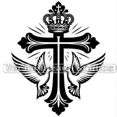 the cross with two doves and a crown on top is shown in this black and white