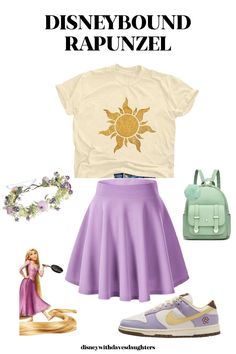 a skirt, t - shirt and sneakers are featured in this disney world rapunzel fashion