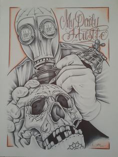 a drawing of a skull with a gas mask