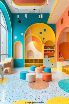 colorful children's playroom with lots of furniture