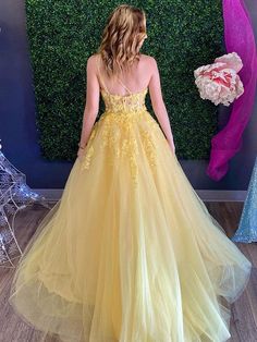 A-Line/Princess Tulle Applique One-Shoulder Sleeveless Sweep/Brush Train Dresses Yellow Evening Dresses, Tulle Applique, Lace Formal Dress, Prom Dresses Sleeveless, Lace Evening Dresses, Yellow Lace, Tulle Prom Dress, Prom Dresses Lace, Dress Measurements