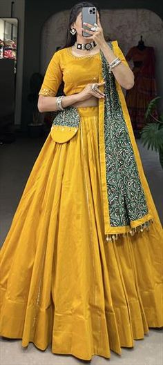 Yellow color Lehenga in Cotton fabric with Lace, Mirror work Traditional Drape Cotton Lehenga, Traditional Drape Cotton Lehenga With Resham Embroidery, Cotton Traditional Drape Wear For Party, Cotton Traditional Wear With Traditional Drape For Party, Cotton Lehenga With Cutdana For Wedding, Yellow Cotton Embroidered Fabric For Wedding, Green Cotton Lehenga With Resham Embroidery, Cotton Cutdana Lehenga For Weddings, Cotton Choli For Wedding With Traditional Drape