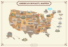 an illustrated map of the united states with all its major cities and their respective towns