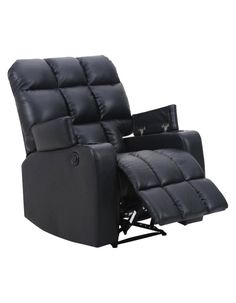 the reclining chair is black and has a padded seat cushion on top of it