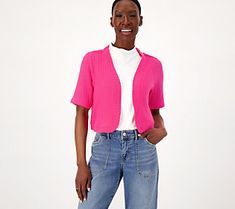 Add a touch of sophistication to your everyday ensembles with this cropped shrug. Elbow-length sleeves and an open front give this lightweight layer timeless appeal. From Isaac Mizrahi Live!TM. Fitted V-neck Shrug For Spring, Chic Spring Shrug With 3/4 Sleeves, Chic V-neck Shrug For Spring, Summer V-neck Shrug, Fitted Summer Shrug For Layering, Fitted Shrug For Summer Layering, Spring Cropped Stretch Cardigan, Fitted Casual Spring Shrug, Trendy Cropped Summer Cardigan