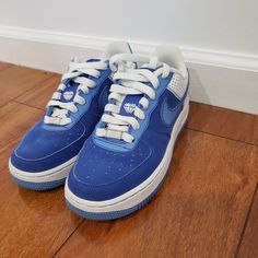 *Brand New Without Box *Purchase Will Come With The Clear Container (Shoes Was Always Kepted In It To Keep It New And Fresh) *Worn Only Once To Try It Out. Kept In New Condition *Super Rare/Sold Out *Size: 4y *Color: Blue & White (Blue Suede) Sporty Blue Basketball Shoes With Perforated Toe Box, Blue Sporty Custom Sneakers With Laces, Blue High-top Custom Sneakers With Perforated Toe Box, Blue Leather Nike Air Force 1 For Streetwear, Blue Basketball Shoes With Perforated Toe Box, Blue Lace-up Basketball Shoes With Perforated Toe Box, Blue Leather Basketball Shoes With Rubber Sole, Blue Round Toe Sneakers With Laces, Casual Blue Nike Air Force 1 With Rubber Sole