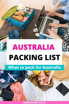 two women sitting on the floor with luggage and laptops in front of them text reads australia packing list what to pack for australia