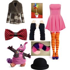 a woman in pink dress and black hat next to costume items, including socks, sweaters