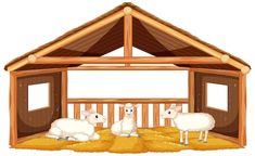 three sheep in the stable on a white background