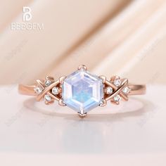 14K Rose Gold Diamond & Moonstone Hex Ring Hexagon | BBBGEM Hex Ring, Rainbow Moonstone Engagement Ring, Hexagonal Ring, More Spiritual, Gemstone Engagement Ring, Engagement Ring Art Deco, Gemstone Engagement