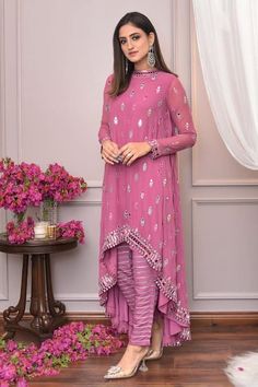 Buy Pink Georgette Round Asymmetric Kurta And Pant Set For Women by Vvani by Vani Vats Online at Aza Fashions. Dark Pink Suits Women Indian, Creative Dresses, Vani Vats, डिजाइनर कपड़े, Asymmetric Kurta, Umbrella Dress, Dark Blush, Pakistani Women, Kurta Patterns