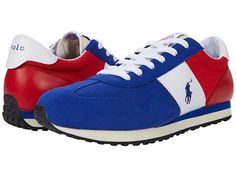 Polo Ralph Lauren Train 85 Sneaker - Men's Shoes : Heritage Royal/RL2000 Rd/White Suede/Leather/Nylon : Nothing like a classic look and color scheme as with the Polo Ralph Lauren Train 85. Enjoy the low profile styling, rounded toe and lace-up front and padded insole. Premium materials. Padded collar and tongue. Laced up vamp. Logo on side. Cushioned insole. Bumper toe. Leather or suede and mesh upper. Polyester midsole. Imported. Measurements: Weight: 12 oz Product measurements were taken using Ralph Lauren Style, Classic Shoes, Hummel Sneaker, Polo Ralph Lauren Mens, Brooks Sneaker, Men's Polo, Product Reviews, Color Scheme, Low Profile