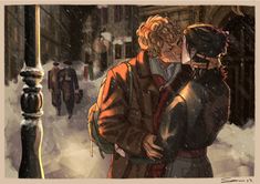 two people are kissing in the snow by a street light on a cold winter's day