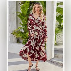 Sz Small New With Tags Casual Red Maxi Floral Dress, Chic Red Floral Dress For Brunch, Red Maxi Dress For Beach In Fall, Red Maxi Dress For Fall Beach Occasion, Chic Burgundy Maxi Dress For Fall, Flowy Red Maxi Dress For Fall, Flowy Red Midi Dress For Fall, Chic Burgundy Long Sleeve Maxi Dress, Red Maxi Dress For Fall Vacation